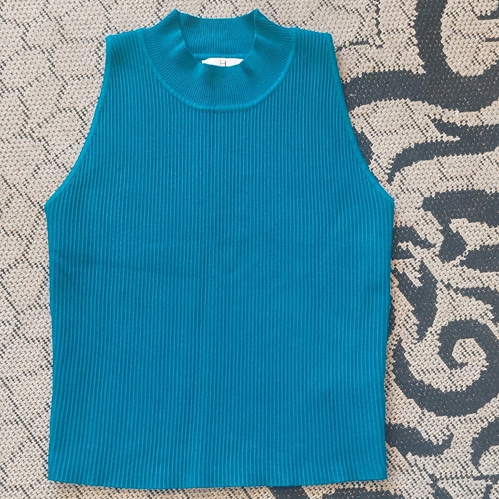 Halston Heritage Teal Ribbed Knit Top